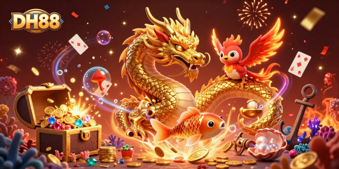 Engage in thrilling play with DH88's vibrant casino scene featuring a dragon, phoenix, and koi fish.