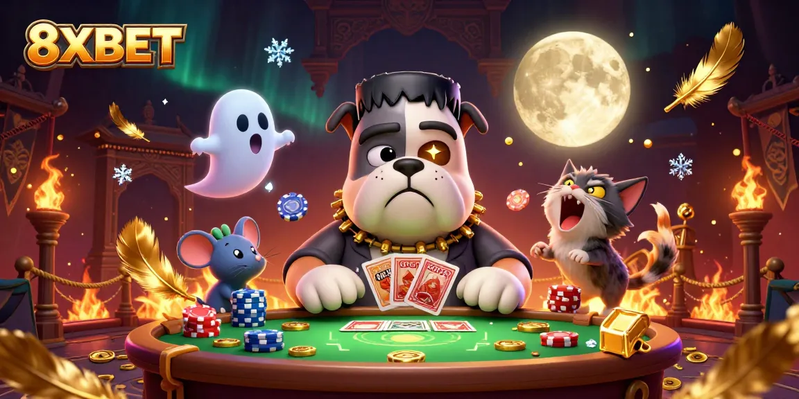 Engage in thrilling casino adventures at 8XBET with vibrant characters and gold accents.