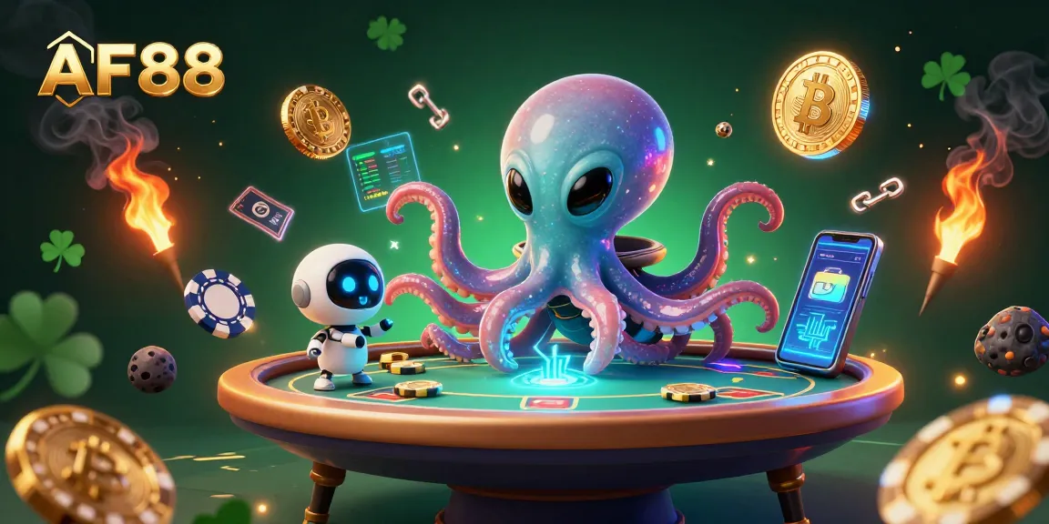 AF88 presents a vibrant scene of an alien octopus at a holographic poker table, showcasing high cryptocurrency excitement.