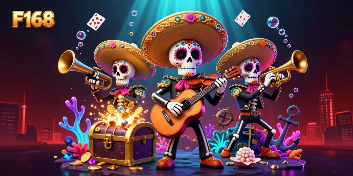 Experience F168's immersive underwater casino adventure with vibrant characters, treasure, and playful game elements.