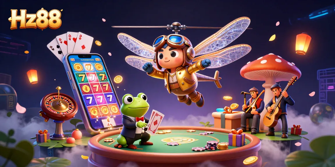 Experience the vibrant action of Hz88 with a thrilling casino scene featuring a dragonfly pilot and frog croupier.