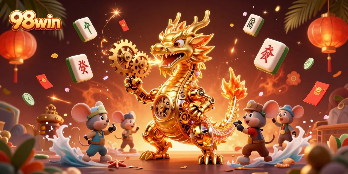 Experience thrilling wins at 98win with a lively 3D casino atmosphere featuring a golden dragon.