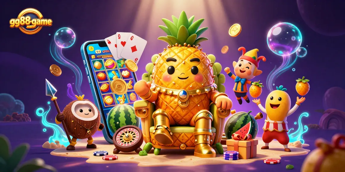 Experience the lively gg88-game scene featuring a pineapple king, vibrant slot games, and rich casino elements.