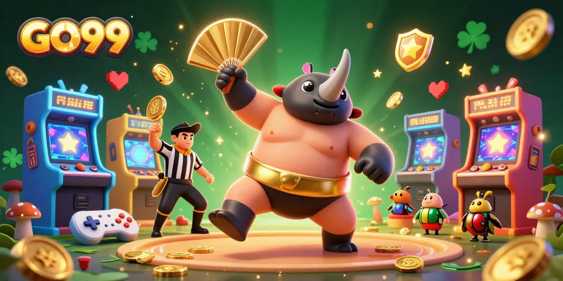 Engage in thrilling action with GO99's vibrant casino illustration featuring golden coins and dynamic characters.