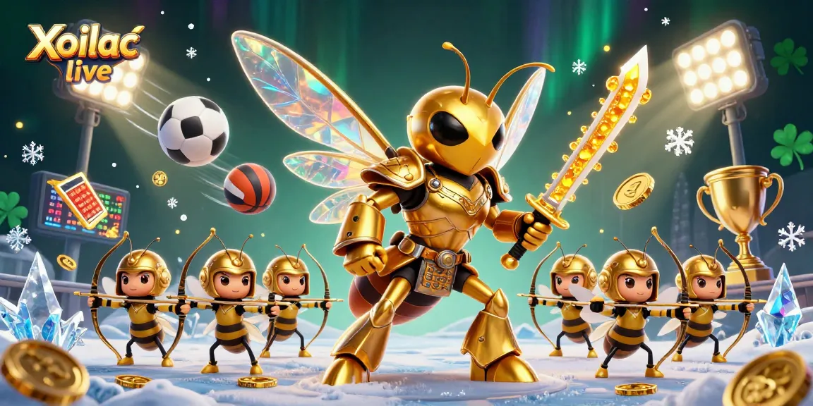 Xoilac live captures a dynamic scene with a giant hornet in samurai armor wielding katanas, surrounded by sports elements.
