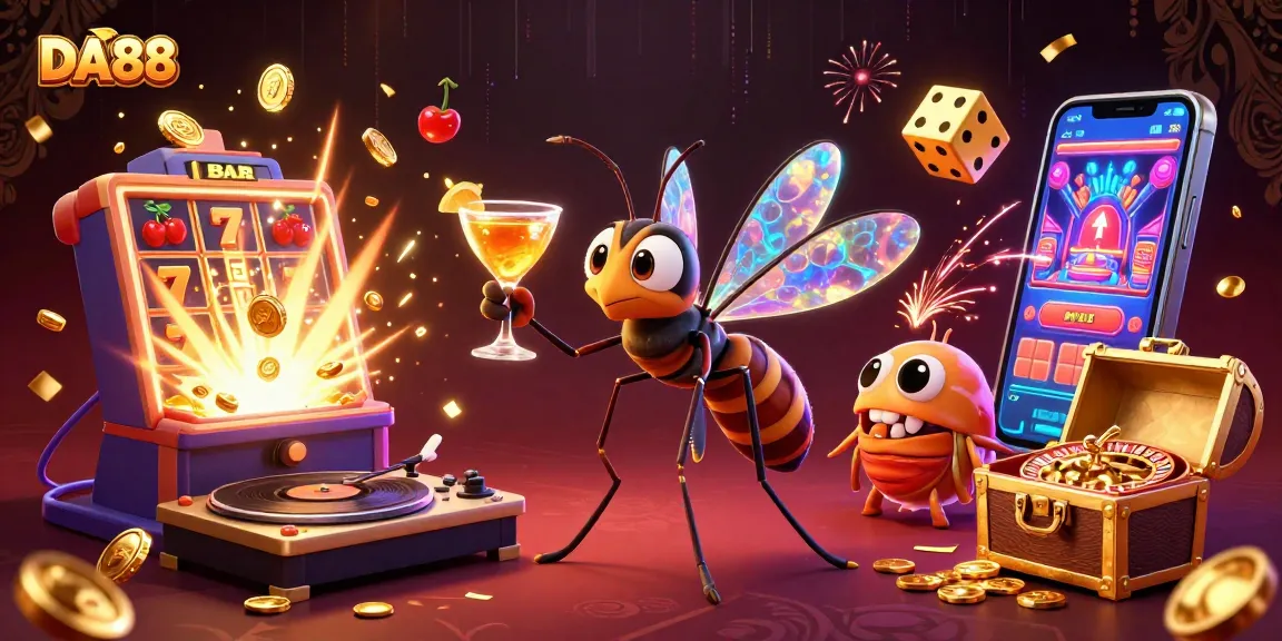Experience thrilling gameplay with DA88 as a frozen mosquito mascot celebrates with casino symbols and riches.