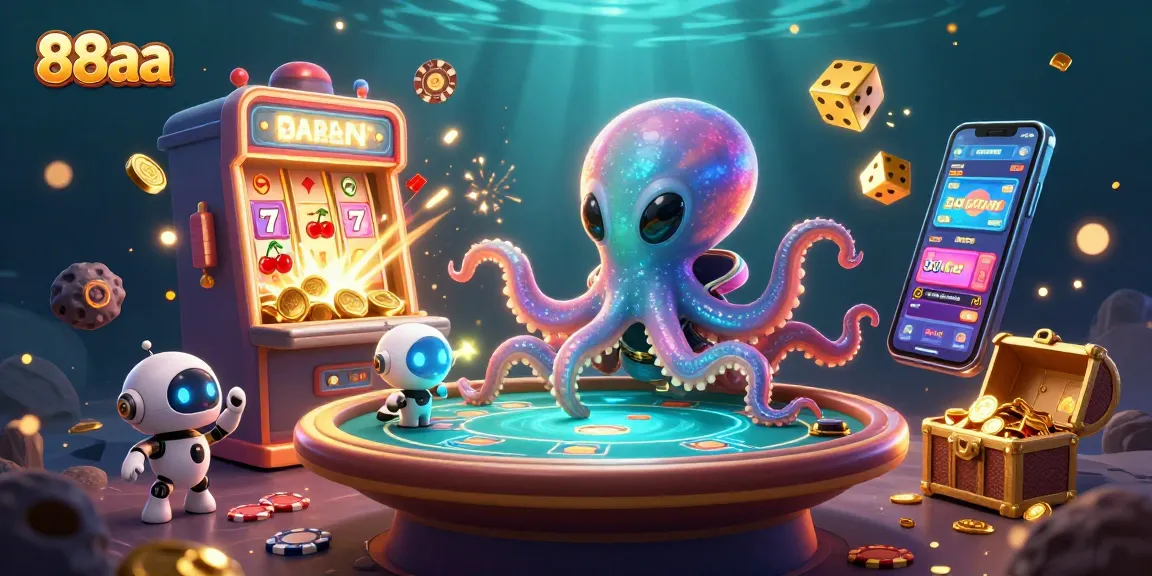 88aa features a vibrant 3D casino scene with an alien octopus managing a holographic poker table, showcasing immersive gaming.