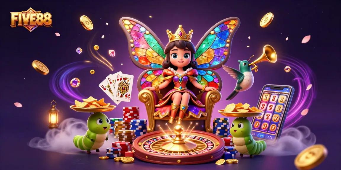 Engage with FIVE88's vibrant casino world featuring a butterfly queen and rich gaming elements.