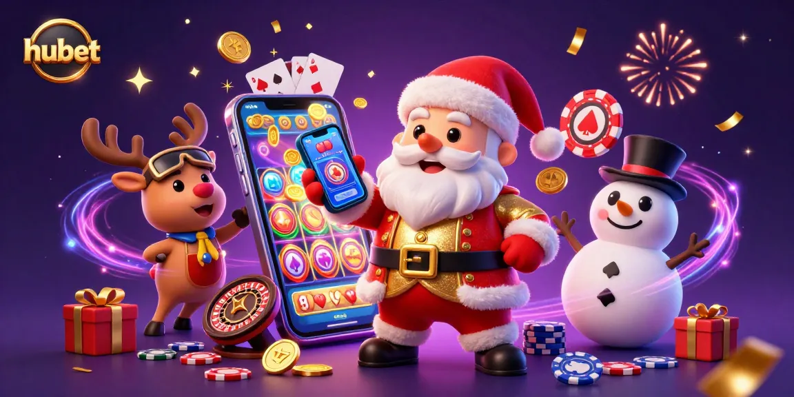 Spin and win with hubet's festive casino scene featuring Santa and friends.