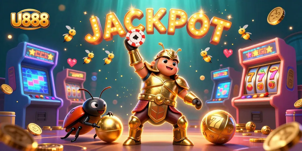 U888 celebrates big wins with a hercules beetle lifting a poker chip in a vibrant casino scene.