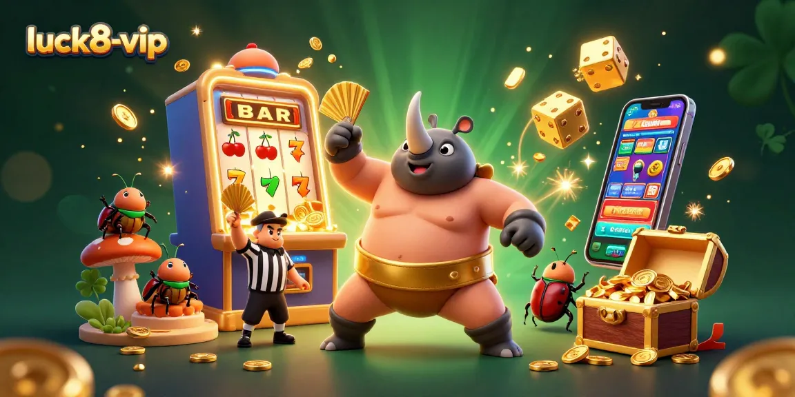 Experience the excitement of luck8-vip with a vibrant 3D illustration of casino games, featuring a beetle sumo champion.