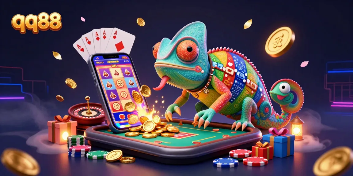 Engage with qq88 at this vibrant casino scene filled with colorful games, golden coins, and exciting gaming elements.