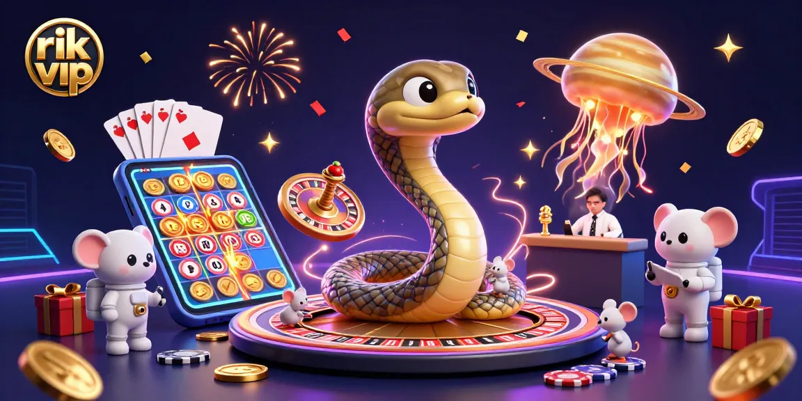 Experience thrilling bets with rik vip in a cosmic casino illustration featuring unique characters and games.