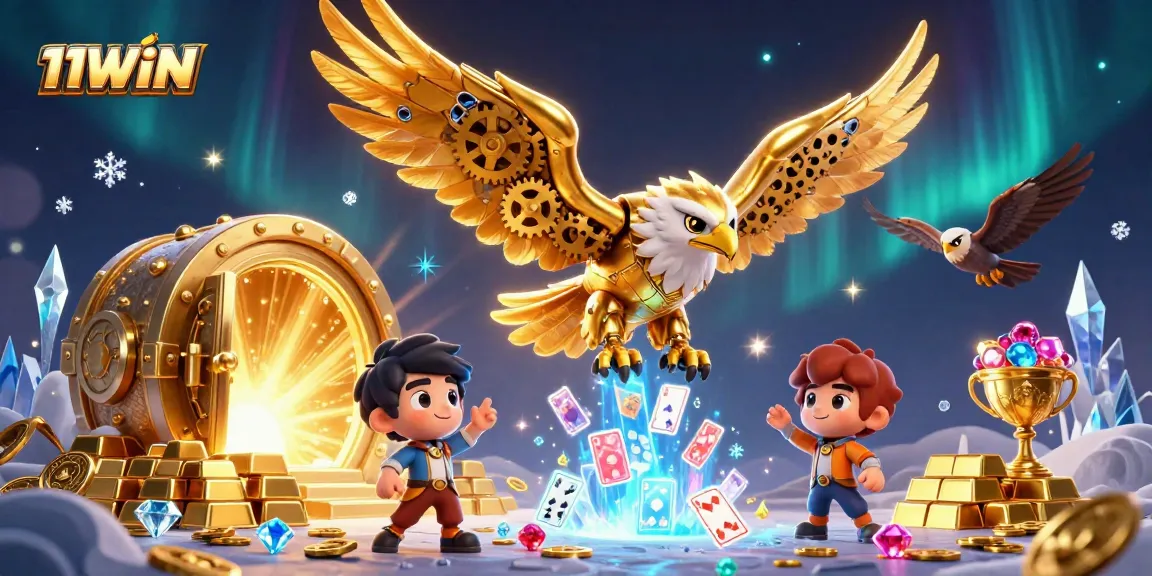 11WIN showcases a dynamic casino scene featuring a cybernetic eagle amidst dazzling gaming treasures.