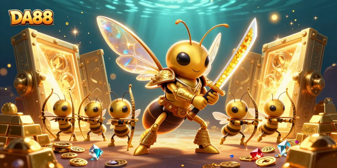 DA88 shines with vibrant 3D visual art showcasing a golden hornet samurai surrounded by treasure and excitement.