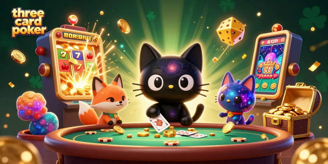 Engage in three card poker with a cosmic cat and colorful fox in a vibrant casino scene.