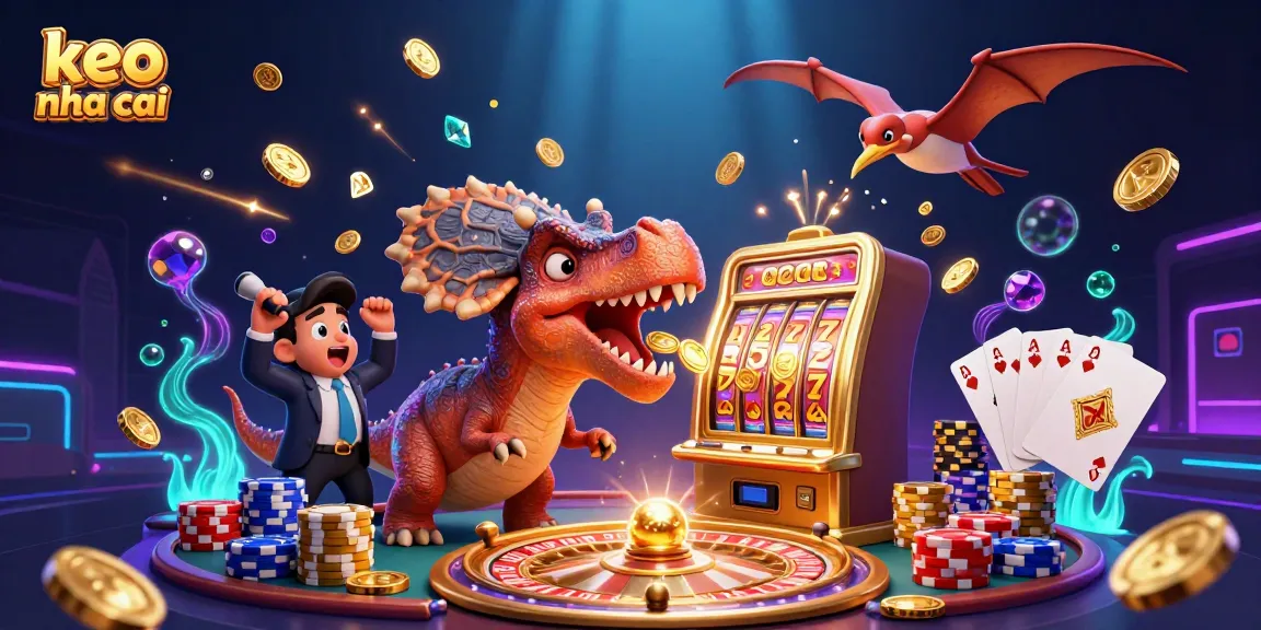 Experience keo nha cai action as a pachycephalosaurus wins a jackpot, surrounded by coins and casino elements.
