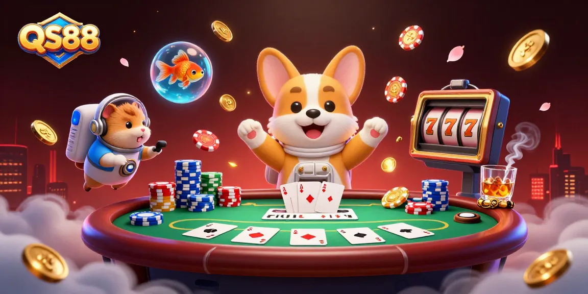 QS88 casino theme with a 3D corgi astronaut exploring a space station filled with vibrant poker and slot elements.