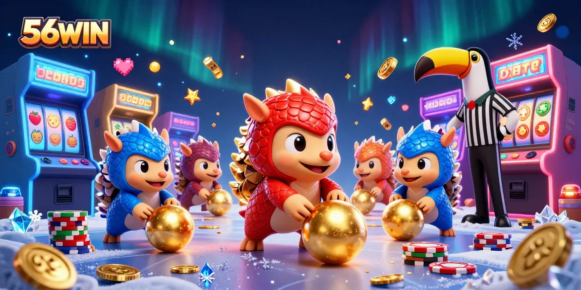 Experience thrilling gameplay at 56WIN with vibrant casino elements and animated pangolins.