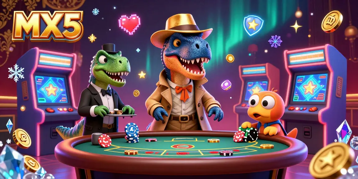 Experience thrilling gameplay with MX5 as the velociraptor bets at the blackjack table amid vibrant casino elements.