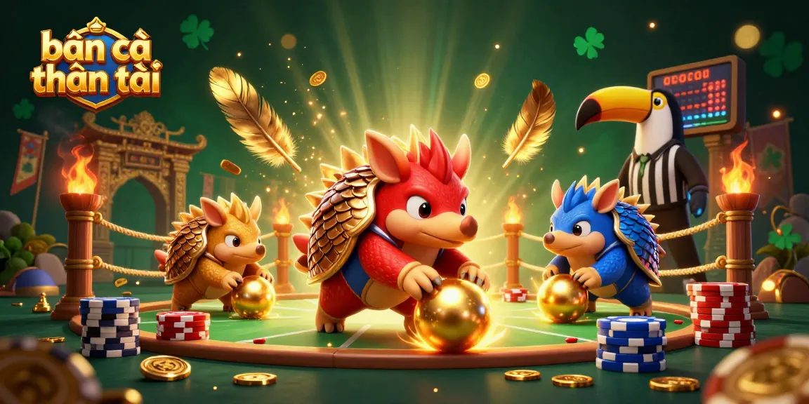 bắn cá thần tài showcases pangolins competing in a casino-themed adventure with gold coins and poker chips.