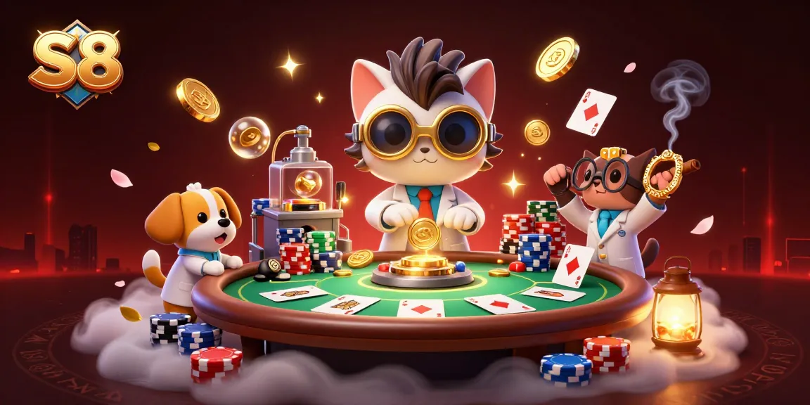 S8 engages players at a poker table with an illustration of a cat scientist creating a gold-coin-replication machine.
