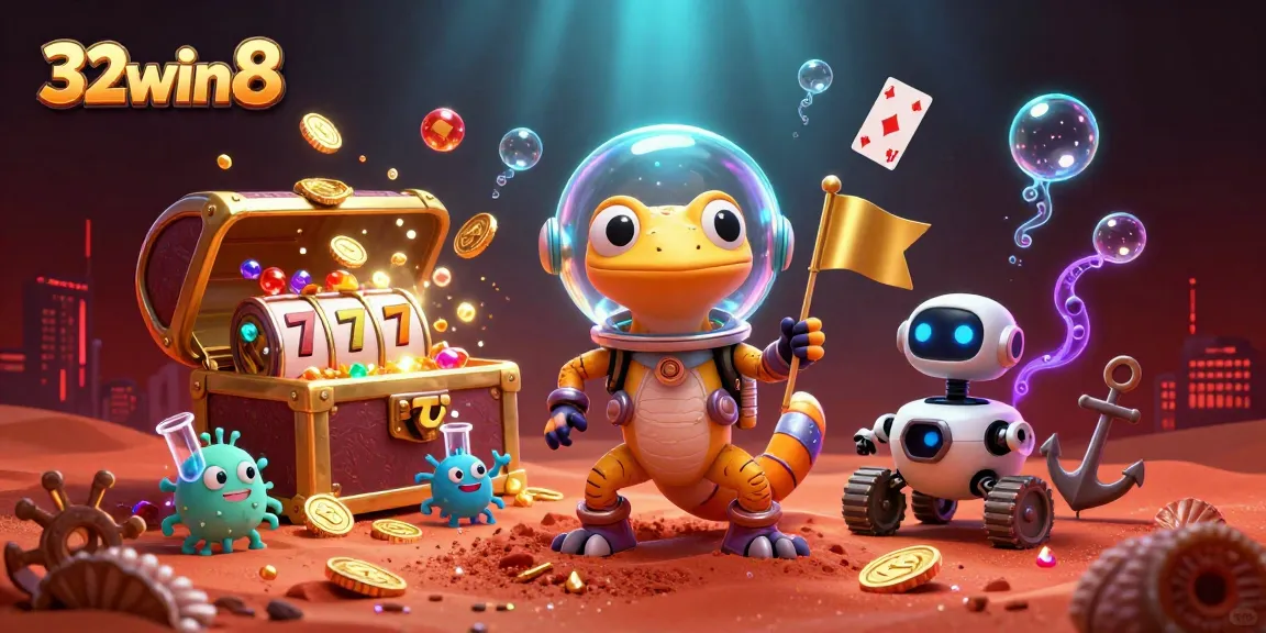 Experience exciting gameplay at 32win8 with a Martian gecko discovering a golden casino, surrounded by vibrant slot elements.