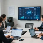 Team discussing cyber essentials insurance in a modern office, showcasing compliance metrics and teamwork.