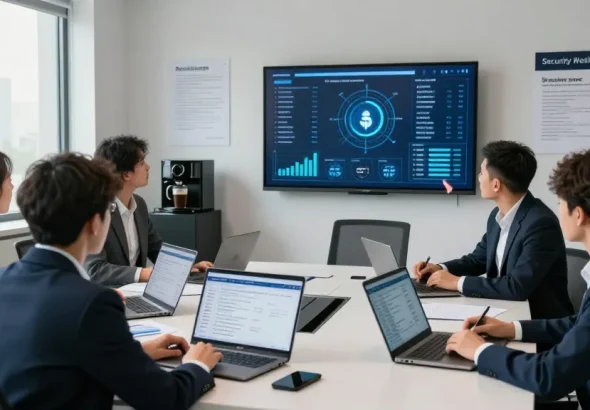 Team discussing cyber essentials insurance in a modern office, showcasing compliance metrics and teamwork.