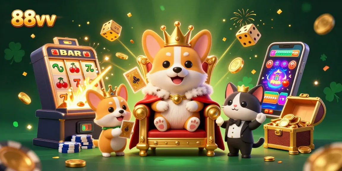 Celebrate wins with 88vv at a vibrant casino scene featuring a royal corgi and golden jackpots.