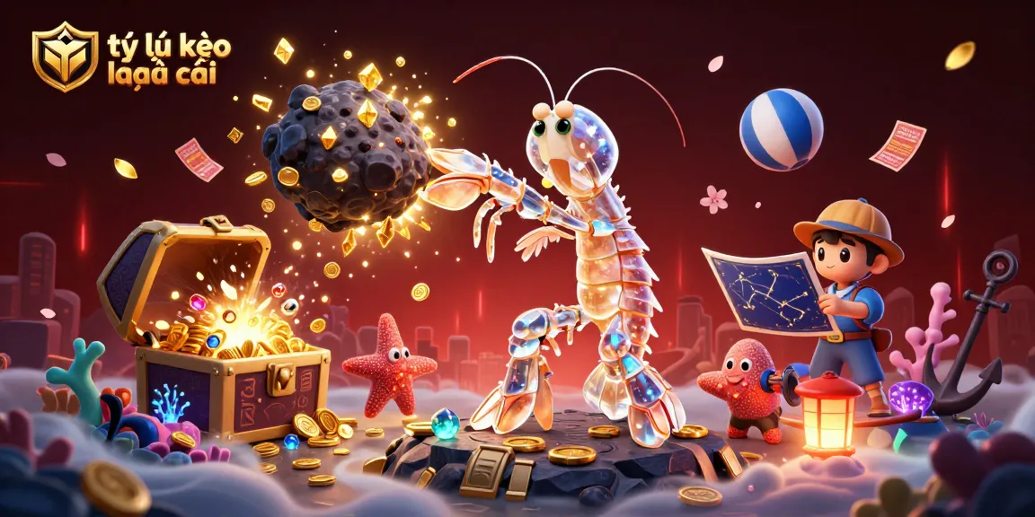 Experience the thrill of tỷ lệ kèo nhà cái with a vibrant scene featuring an armored mantis shrimp and starfish navigating through colorful underwater treasures.