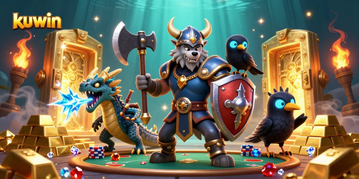 kuwin showcases thrilling poker action with a Viking warrior, dragon, and treasure.
