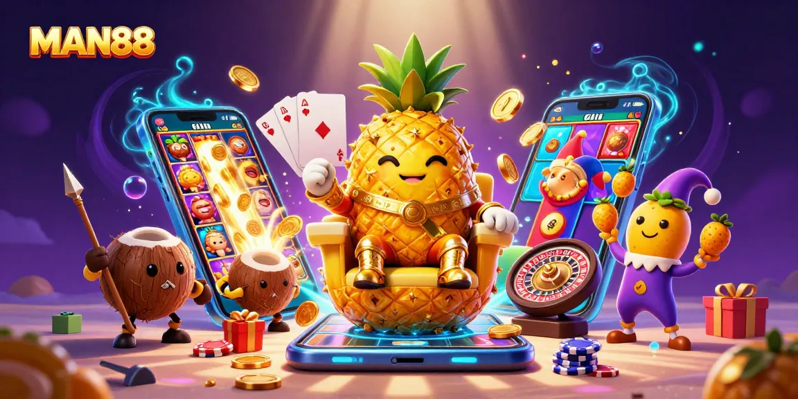 Experience the dynamic thrill of MAN88 with golden casino elements in an enchanting scene.