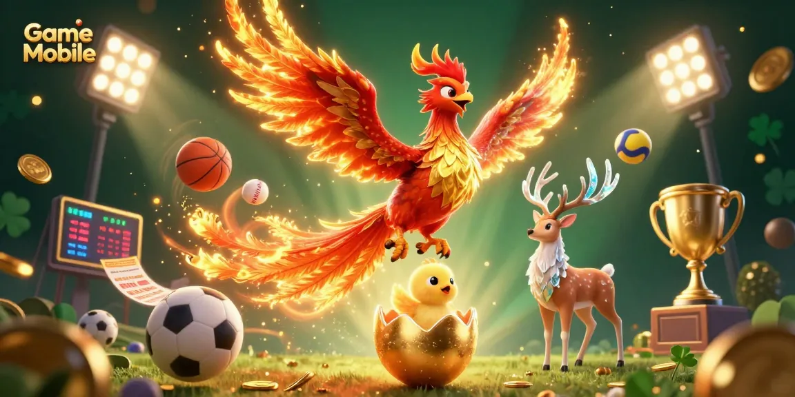 Experience Game Mobile excitement with a dynamic phoenix and sports elements in this 3D digital illustration.