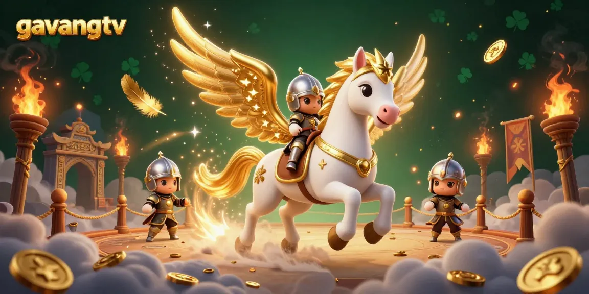 Experience excitement with gavangtv as a celestial knight rides a magical horse in a vibrant casino scene.