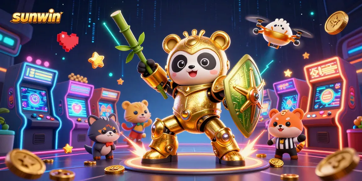 Experience the excitement of sunwin with a dynamic scene featuring a golden panda mech-suit amidst casino action.