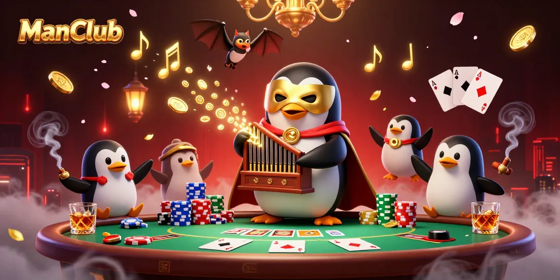 ManClub showcases vibrant gameplay with a penguin playing organ, coins flying in the air, and poker elements.