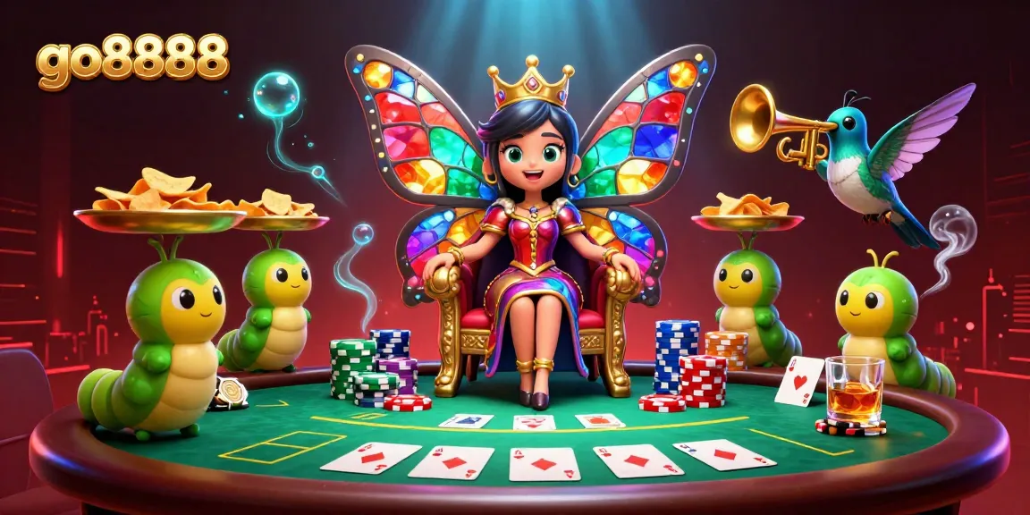 Win big with go8888: A vibrant casino scene featuring a butterfly queen surrounded by poker elements and colorful decorations.