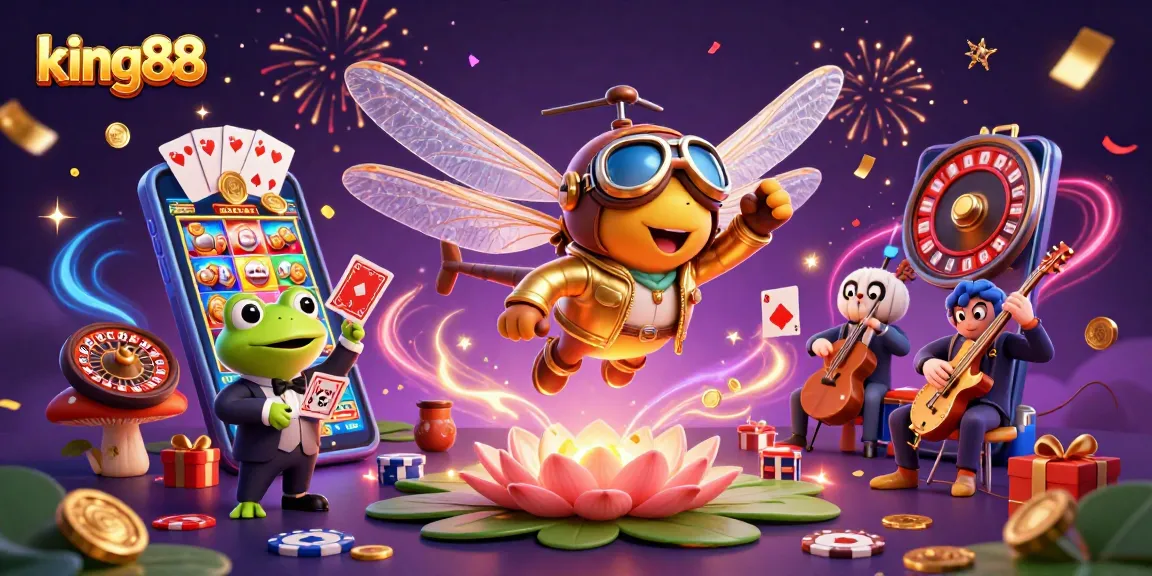 king88 engaging players with vibrant casino action featuring a dragonfly pilot and lively frog dealer