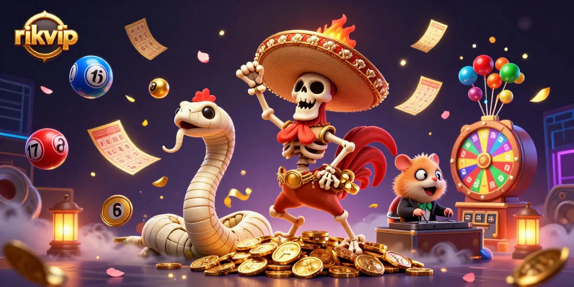 rikvip showcases a vibrant casino scene with cartoon characters celebrating amidst flying lottery balls and golden prizes.