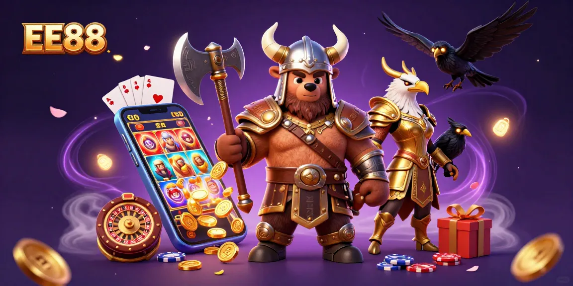 EE88 showcases a vibrant 3D casino scene with Viking characters and dynamic slot gaming elements.