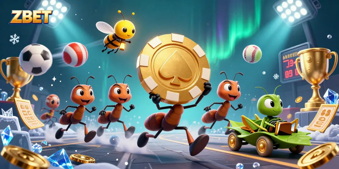 ZBET showcases a heisty team of ants carrying a giant poker chip in a vibrant casino setting.