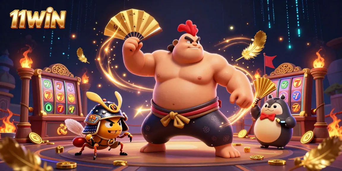 Experience thrilling gameplay with 11WIN in a vibrant casino scene featuring a powerful sumo rooster.