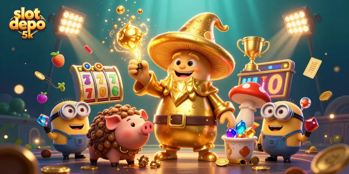 Experience the thrill of slot depo 5k with a magical golden wizard and treasure-hunting pig.
