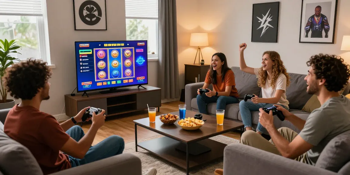 Friends enjoying gaming session with slot7000 in a vibrant living room.