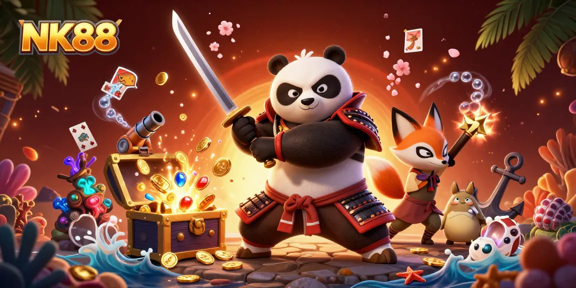 NK88 showcases thrilling gameplay with a dynamic scene featuring a samurai panda, ninja fox, and spirit tanuki.
