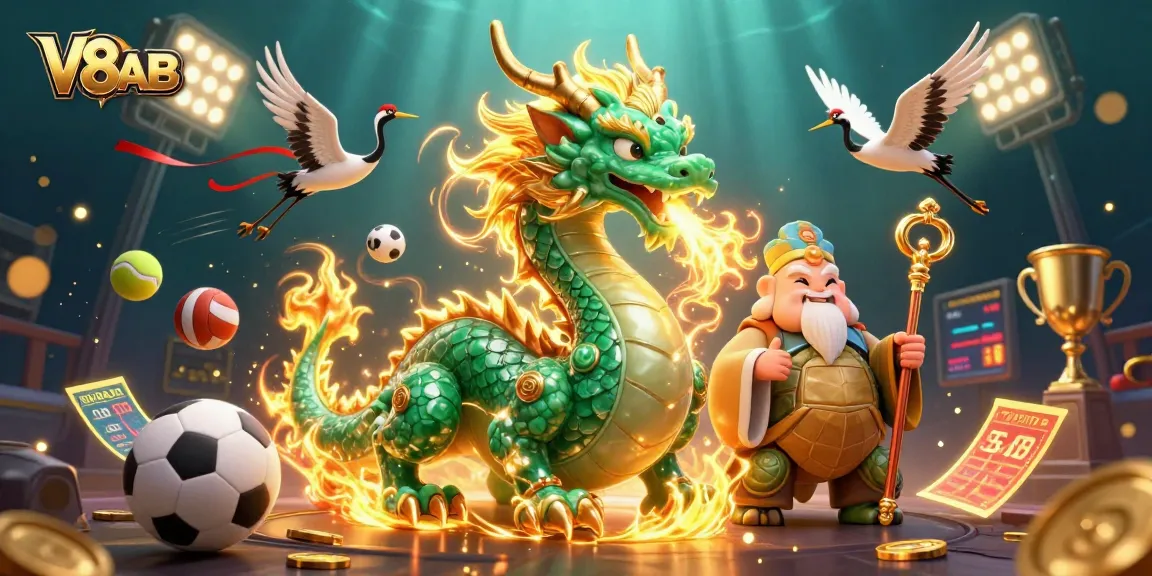 Experience gaming excitement with V8AB's vibrant scene showcasing a jade dragon and lucky cranes.