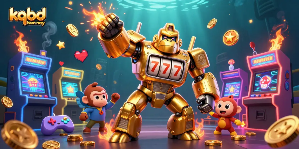 Experience kqbd hom nay with vibrant arcade elements and a golden gorilla mech in action.