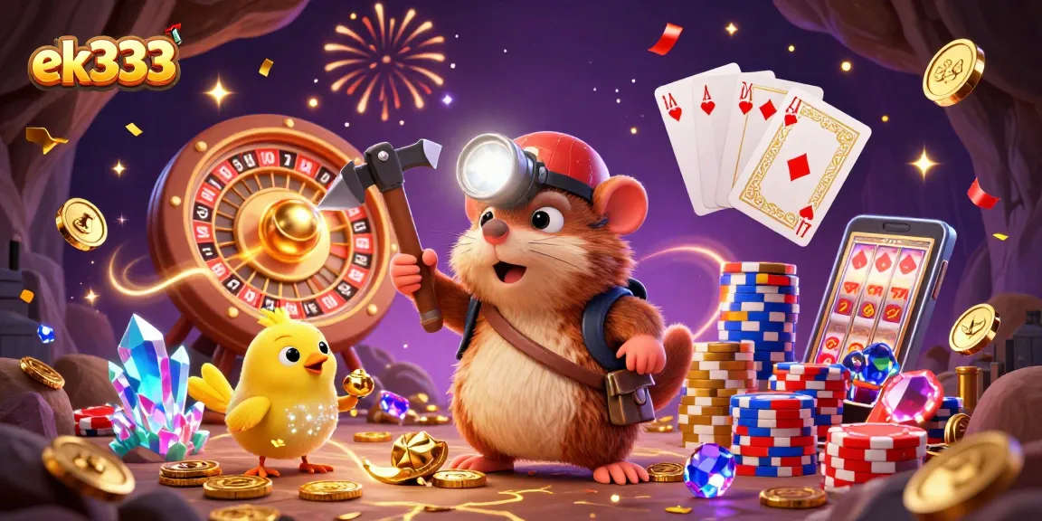 Engage with ek333's thrilling 3D casino adventure featuring a treasure hunter and exciting gaming elements.