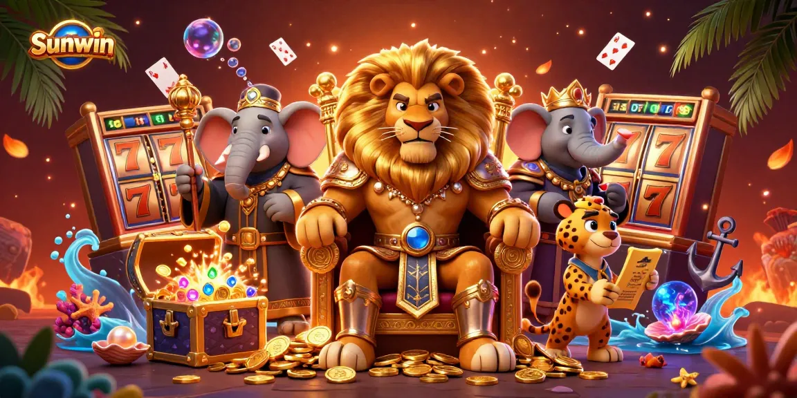 Experience Sunwin's exciting features with a vibrant scene of a royal lion king and his companions in a colorful casino setting.